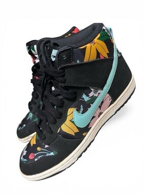 Nike Women’s High-Top Sneakers - Black with Teal Swoosh and Floral Print